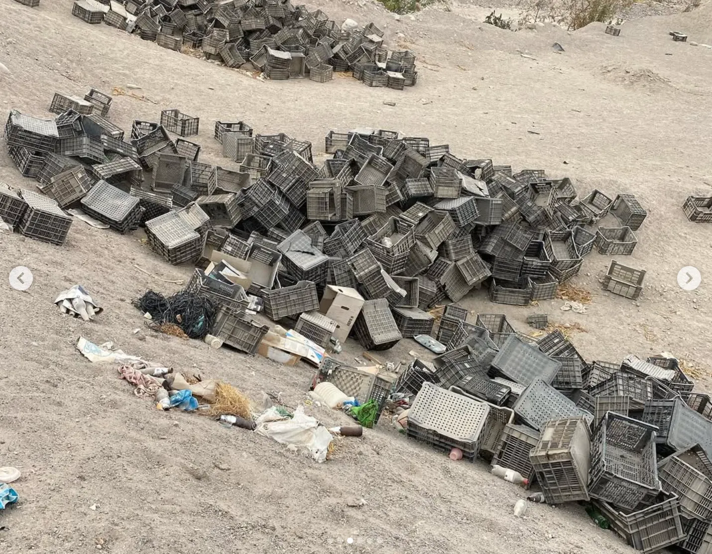 Cajas plásticas rotas abandonadas en un cerro de Arica, junto a basura